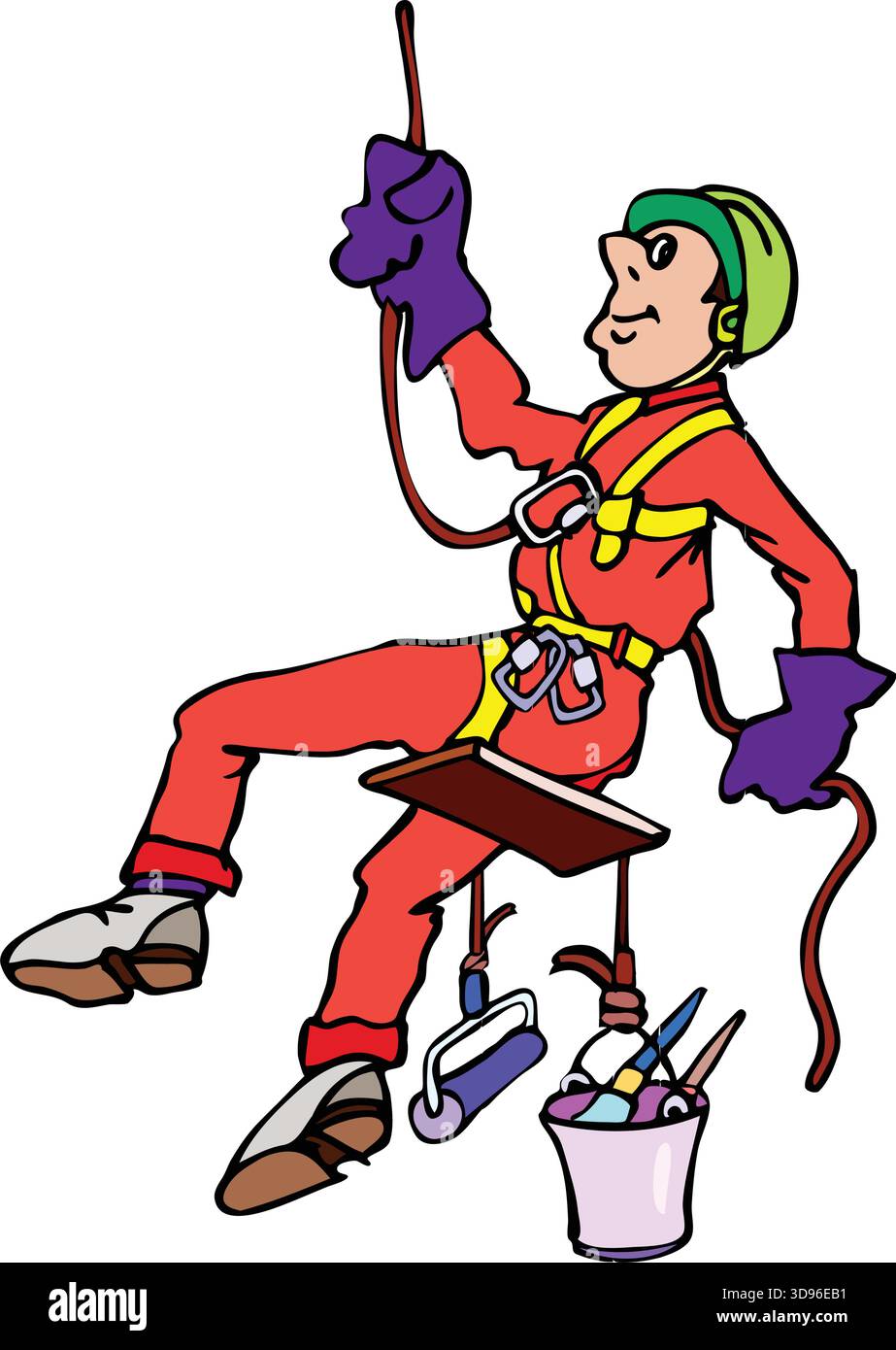 un ouvrier dans un casque de sécurité et uniforme suspendu dans un harnais, équipé d'un seau d'outils comprenant un rouleau à peinture et une brosse Illustration de Vecteur