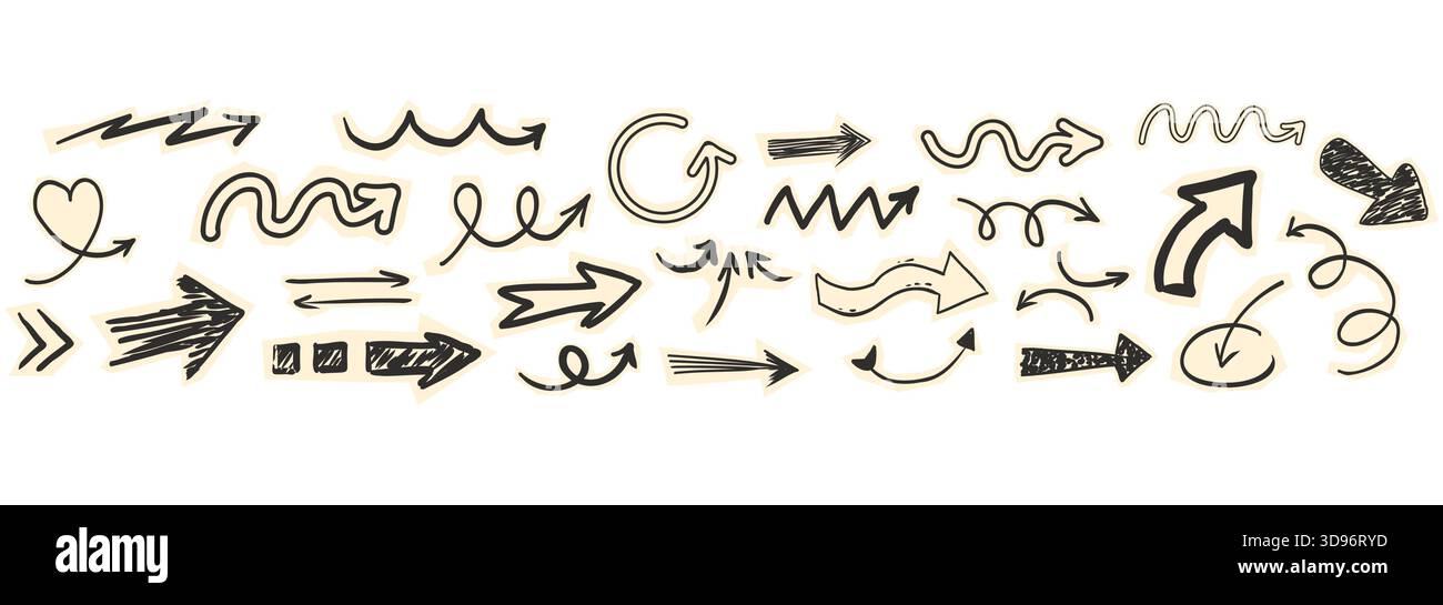 Ensemble de scrapbook avec découpe de flèche de papier déchiré gribouillage griffonnage éléments. Y2K Swirl, haut et bas, collection de flèches droite et gauche. Illustration vectorielle Illustration de Vecteur