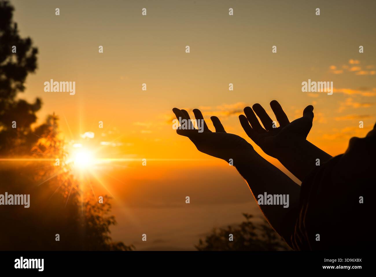 Les mains de la personne ouvrent la paume vers le culte. La thérapie eucharistique bénisse Dieu aidant à se repentir les pâques catholiques prêtent l'esprit prier. Se battre pour Dieu. Silhouette de femme WO Banque D'Images