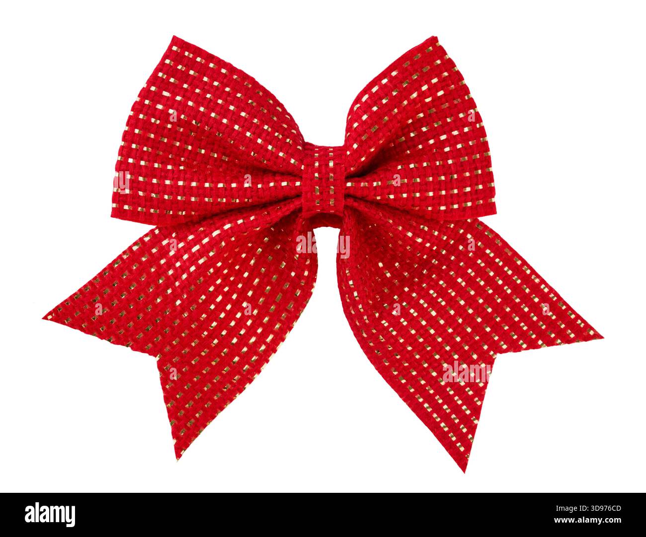 Arc en satin rouge avec texture nervurée et forme symétrique isolé sur fond blanc avec chemin de détourage. Elément de conception. En faire pour les cadeaux de Noël Banque D'Images