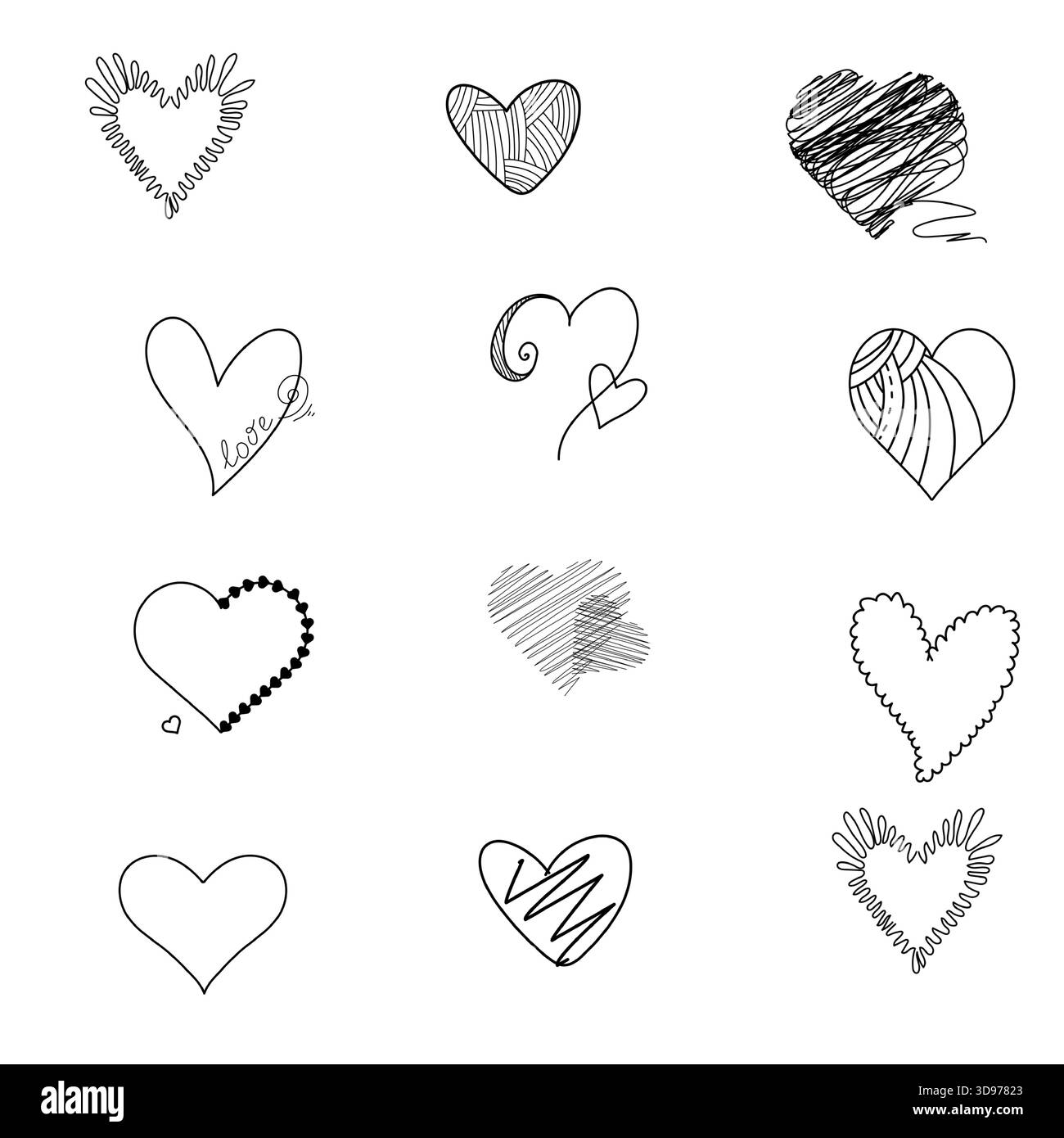 Coeurs de différentes formes, croquis noir et blanc, dessin simple. illustration vectorielle. Un ensemble de cœurs est isolé sur un fond blanc. Mariage th Illustration de Vecteur