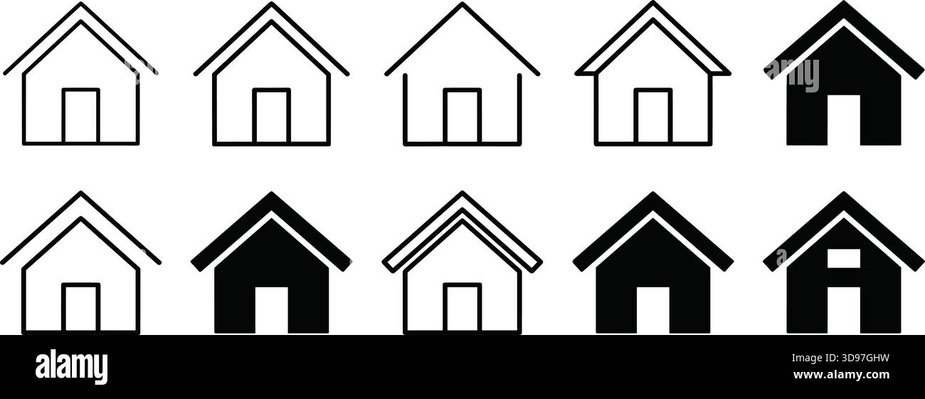 Séquence d'icônes de maison, variation architecturale, styles de toit et de porte, vecteur noir et blanc, conception de modèle, isolé, illustration de stock Illustration de Vecteur