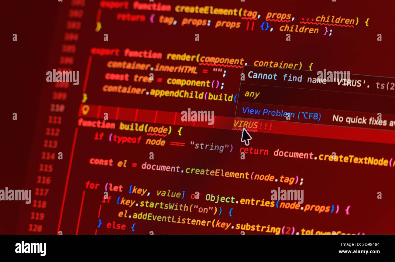 Note de virus sur le code informatique écrit en gros plan sur le moniteur - lettres blanches sur fond rouge - concept de numérisation, de sécurité et de cours d'un p. Banque D'Images