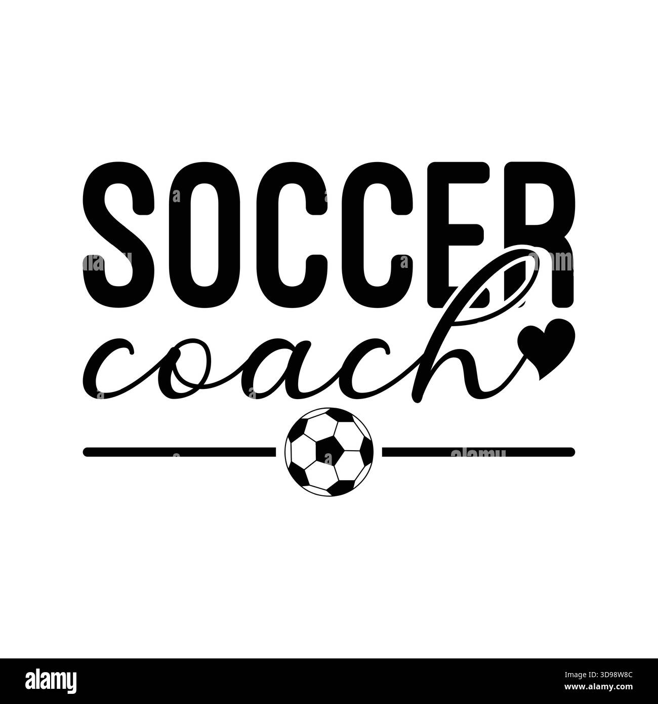 Typographie noire simple "entraîneur de football" avec soulignement de script, petit coeur et icône de ballon de football, conception minimaliste du logo entraîneur de sport pour t-shirts, capuche Illustration de Vecteur