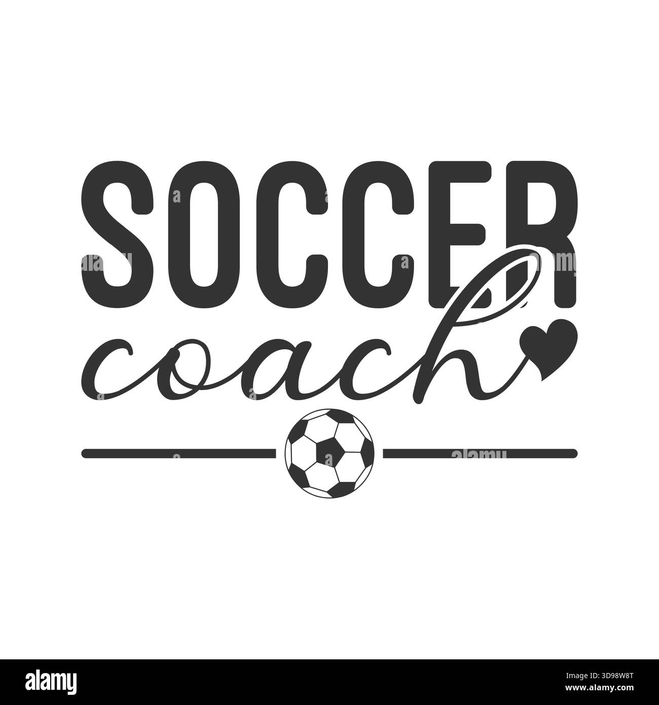 Typographie noire simple "entraîneur de football" avec soulignement de script, petit coeur et icône de ballon de football, conception minimaliste du logo entraîneur de sport pour t-shirts, capuche Illustration de Vecteur