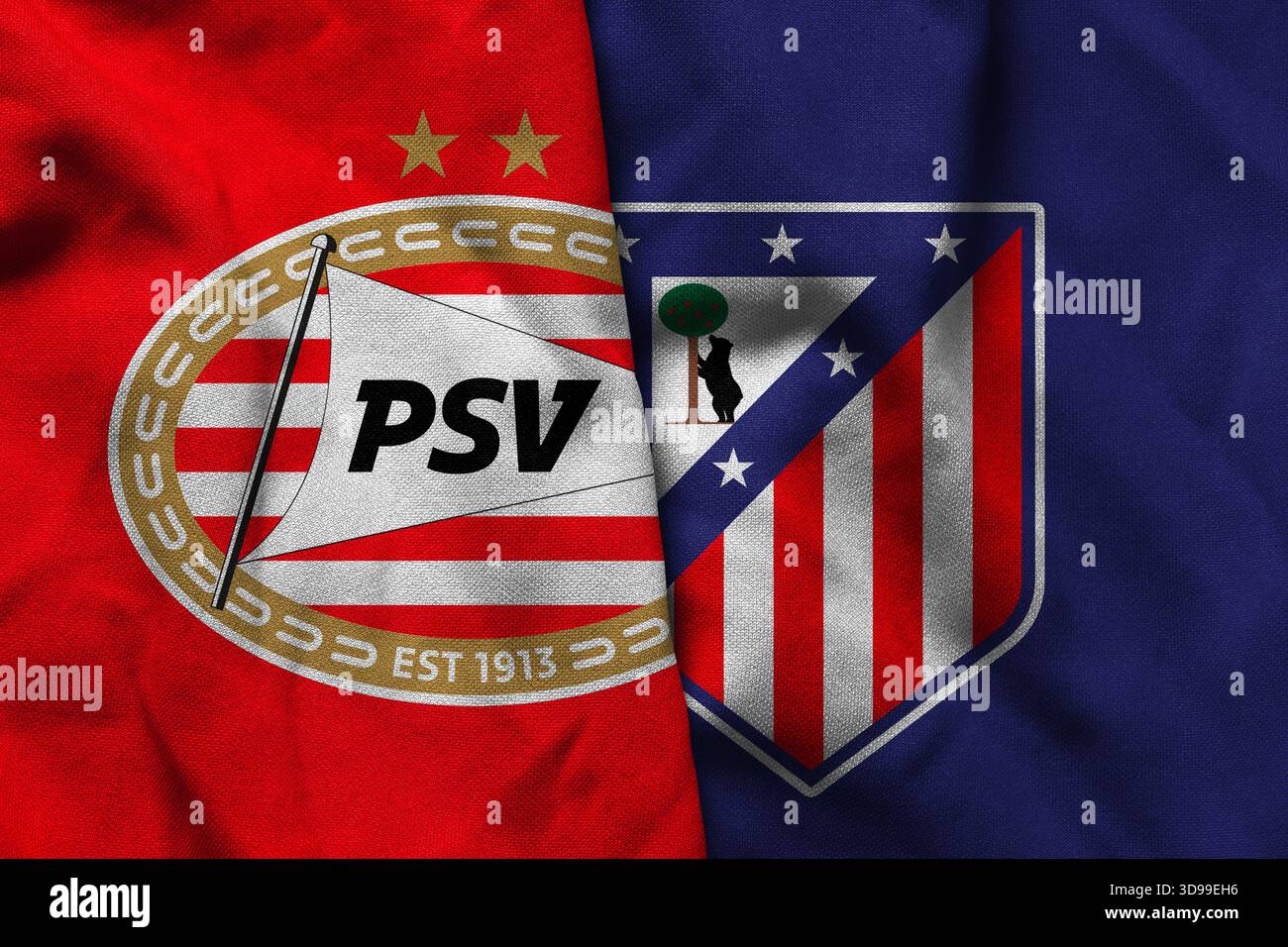 Pringsewu, Lampung ; 5 décembre 2025 ; la combinaison des logos des clubs de football PSV et Atletico Madrid avec une texture de tissu ondulé dans les Champions Banque D'Images