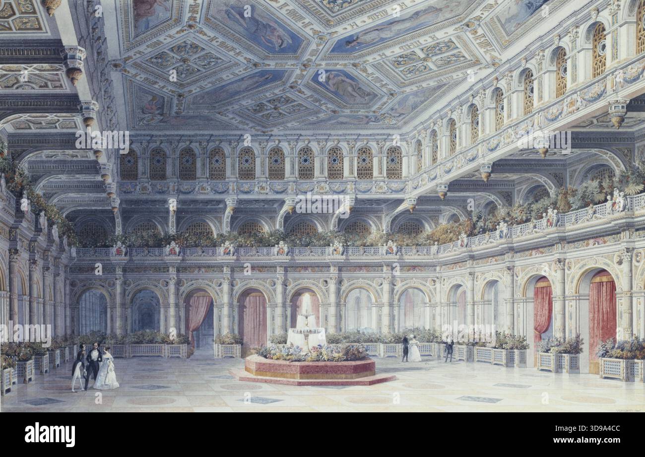 Chambre temporaire dans la cour de l'Hôtel de ville de Paris pour le mariage du duc d'Orléans avec la princesse Hélène de Mecklembourg, Jules Frédéric Bouchet, dessinateur, Louis Joachim Tullius Visconti, auteur du modèle, 1837, 19e siècle, dessin, dimensions - oeuvre : hauteur : 44,5 cm, largeur : 67 cm, dimensions - montage du musée : hauteur : 86 cm, largeur : 98 cm, profondeur : 2,2 Banque D'Images