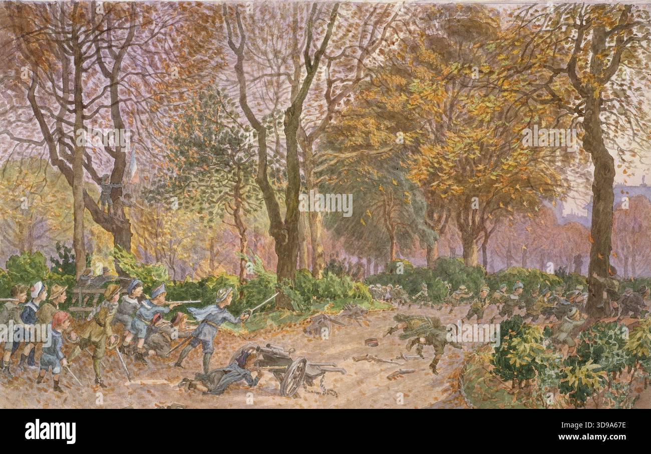Enfants jouant à la guerre sur la place près de la mairie du 14ème arrondissement, Brard, Félix, illustrateur, Array, dessin, Arts graphiques, dessin, dimensions - oeuvre : hauteur : 34,3 cm, largeur : 51,2 Banque D'Images