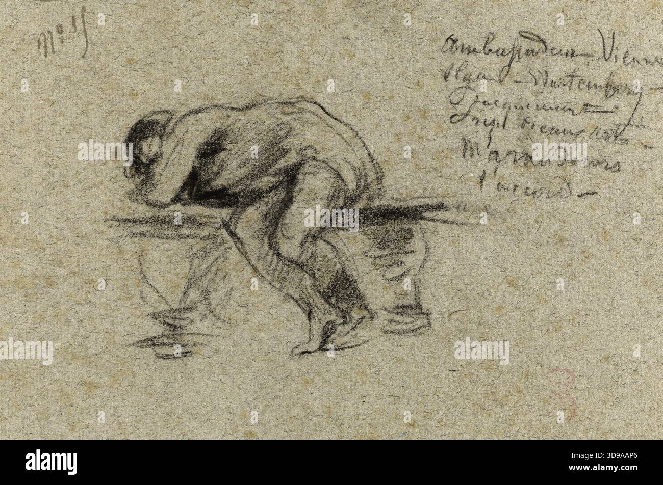 Etude d’un homme allongé sur un banc les pieds au sol (p. 13 de l’album), Carpeaux, Jean-Baptiste, dessinateur, circa 1869, 3ème quart du 19ème siècle, dessin, Arts graphiques, dessin, craie noire, stylo, encre brune, papier, dimensions - travail : hauteur : 13,3 cm, largeur : 19,5 Banque D'Images