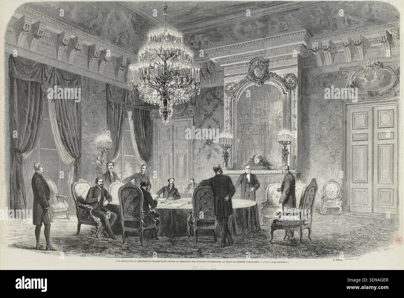 Une session de la conférence diplomatique tenue au Ministère des affaires étrangères sur le conflit turco-grec. Cosson, Joachim Jean, graveur ; Burn-Smeeton, Joseph, graveur ; Anonyme, dessinateur ; inconnu, éditeur; estampes ; manuscrits ; imprimés ; reliure ; Arts graphiques; illustration périodique ; gravure sur bois ; dimensions - oeuvre : hauteur : 35 cm, largeur : 49,4 cm ; dimensions - montage : hauteur : 55,1 cm, largeur : 70 Banque D'Images