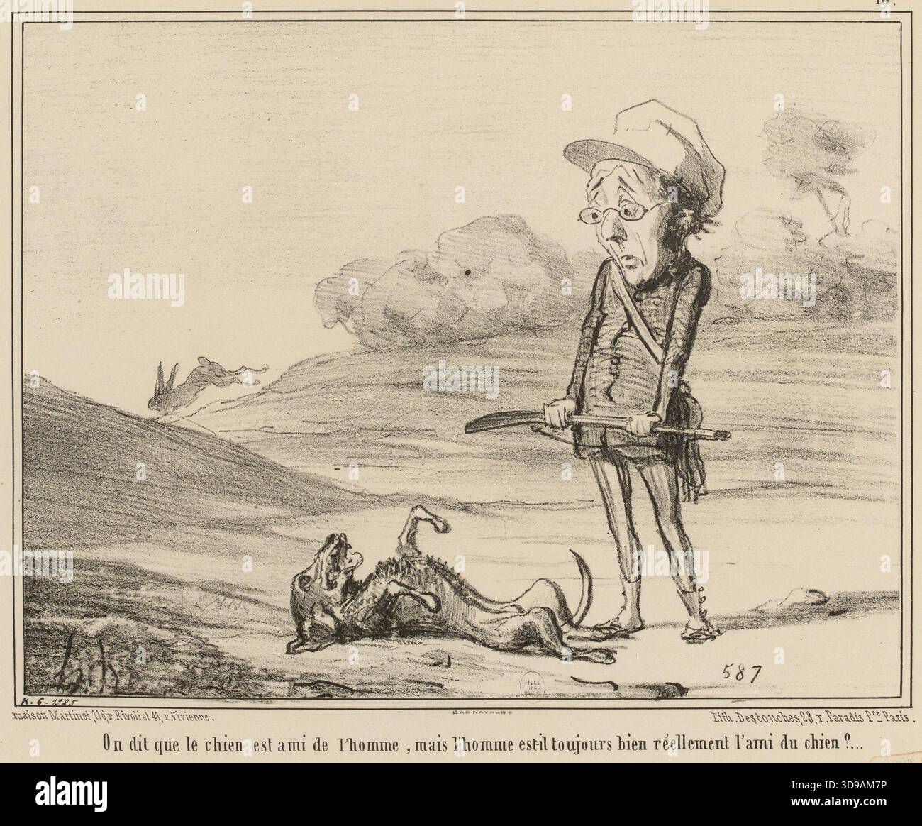 Ils disent que le chien est le meilleur ami de l'homme, mais l'homme est-il toujours vraiment le meilleur ami du chien ?... / No. 15, Daumier, Honoré, dessinateur-lithographe, Destouches, Pierre Louis Hippolyte, imprimeur-lithographe, Martinet (imprimeur-libraire), éditeur, entre 1854 et 1855, Imprimer, Arts graphiques, Imprimer, lithographie, dimensions - travail : hauteur : 28,5 cm, largeur : 36 Banque D'Images