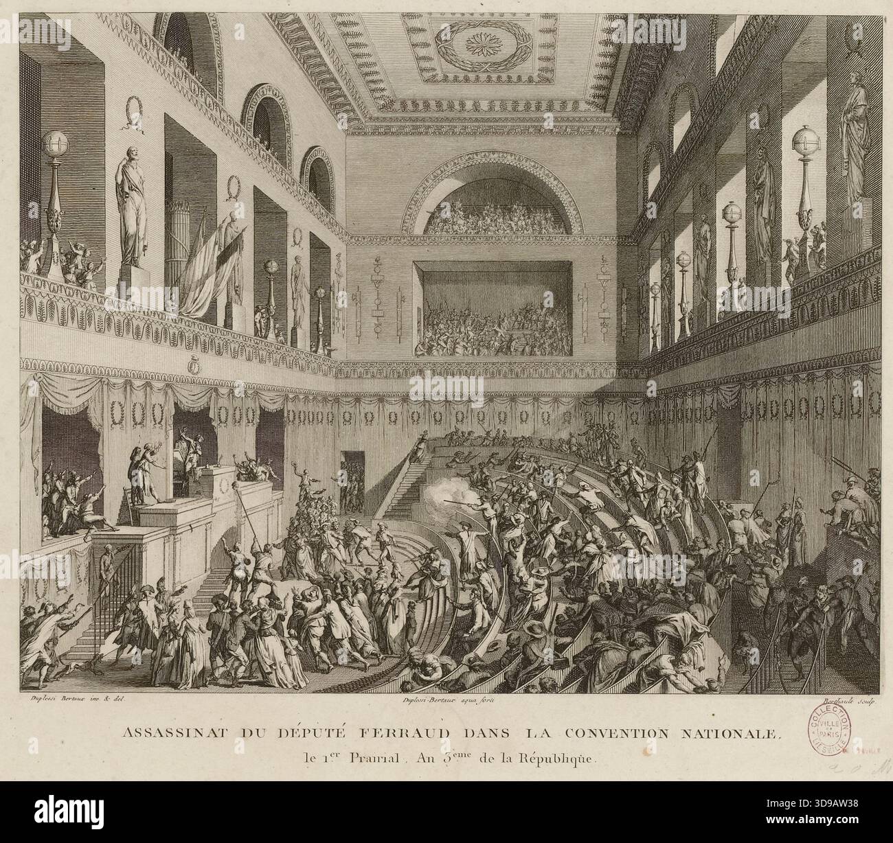 Assassinat du député Ferraud à la Convention nationale. / 1 Prairial, année 3 de la République. Graveur : Jean Duplessi-Bertaux ; graveur : Pierre-Gabriel Berthault ; dessinateur : Jean Duplessi-Bertaux. Entre 1793 et 1803. Imprimer, Arts graphiques, Révolution française, gravure. Dimensions - oeuvre : hauteur : 24 cm, largeur : 31 cm dimensions - montage musée : hauteur : 29,5 cm, largeur : 44,6 Banque D'Images