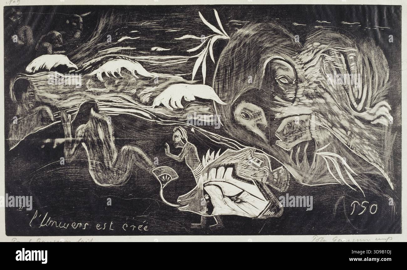 L'Univers est créé, Gauguin, Paul, graveur, Gauguin, Pola (aussi connu sous le nom de Paul Rollin Gauguin), photographe, entre 1893 et 1894, dernier quart du XIXe siècle, estampe, Arts graphiques, estampe originale, gravure sur bois, papier chinois, dimensions - oeuvre : hauteur : 26,9 cm, largeur : 42,6 cm, dimensions - image : hauteur : 20,3 cm, largeur : 35,3 Banque D'Images