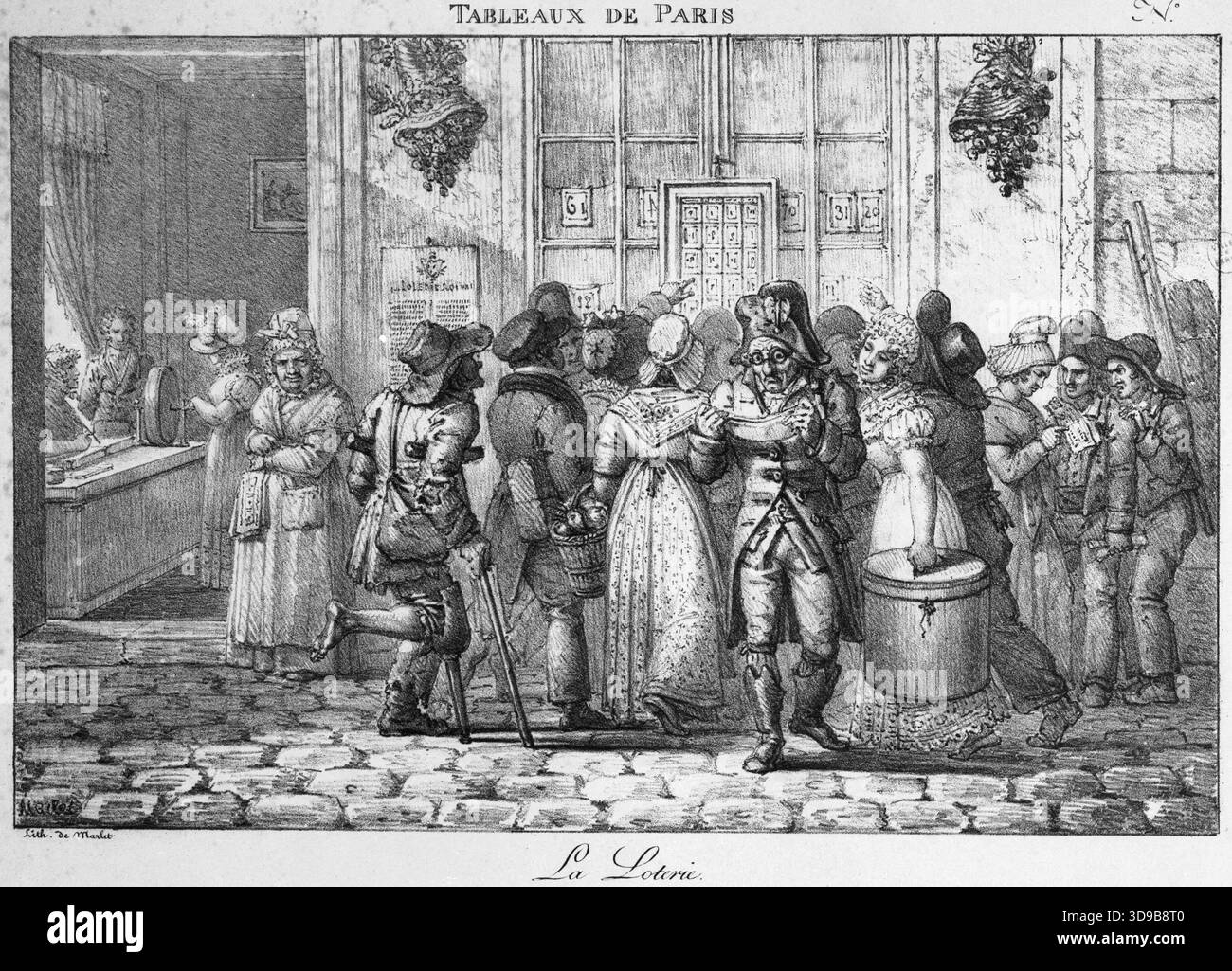 La loterie, Marlet, Jean Henri, dessinateur-lithographe, Marlet, Jean Henri, imprimeur-lithographe, Tableau, impression, Arts graphiques, tirage, lithographie, dimensions - oeuvre : hauteur : 27,5 cm, largeur : 37 cm, dimensions - montage : hauteur : 32 cm, largeur : 48,7 Banque D'Images