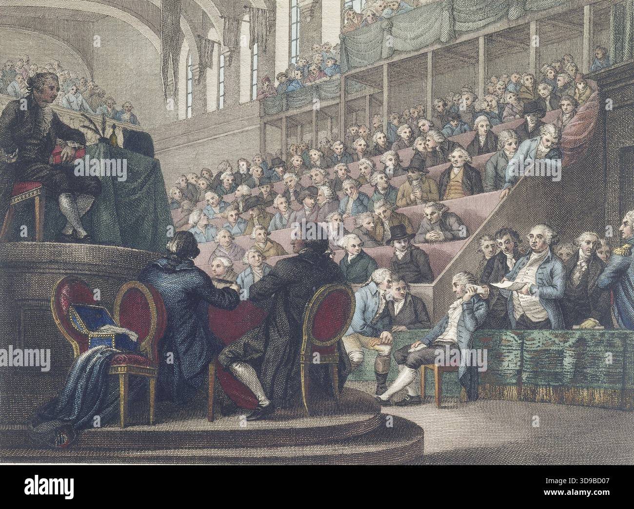 Plaidoyer de Louis XVI accompagné de de de Sèze et Valazé à la Convention nationale, salle du Manège, Palais des Tuileries, 26 décembre 1792. Révolution française. Miller, William, peintre ; Vinkeles, Reinier, graveur ; Vrijdag, Daniel, graveur. Entre 1792 et 1796. Imprimer, Arts graphiques, Révolution française, Imprimer. Dimensions - oeuvre : hauteur : 22,7 cm, largeur : 27,4 cm. Dimensions - ancienne monture : hauteur : 32,5 cm, largeur : 50 Banque D'Images