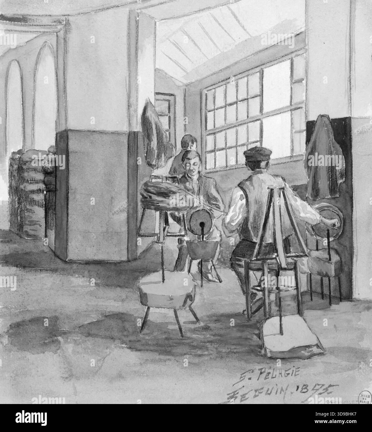 Les prisons parisiennes de Sainte-Pélagie ; l'atelier de tapis (les enrouleurs), Séguin, F., dessinateur, Array, dessin, Arts graphiques, dessin, dimensions - oeuvre : hauteur : 21,6 cm, largeur : 20 cm, dimensions - montage : hauteur : 36,5 cm, largeur : 28 Banque D'Images