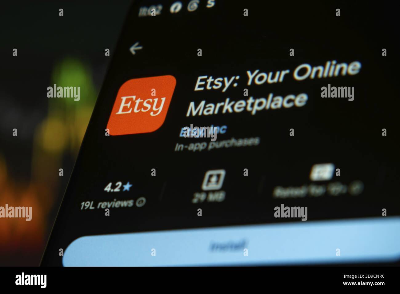 Page de l'application Etsy affichant un logo orange et les évaluations des utilisateurs Banque D'Images