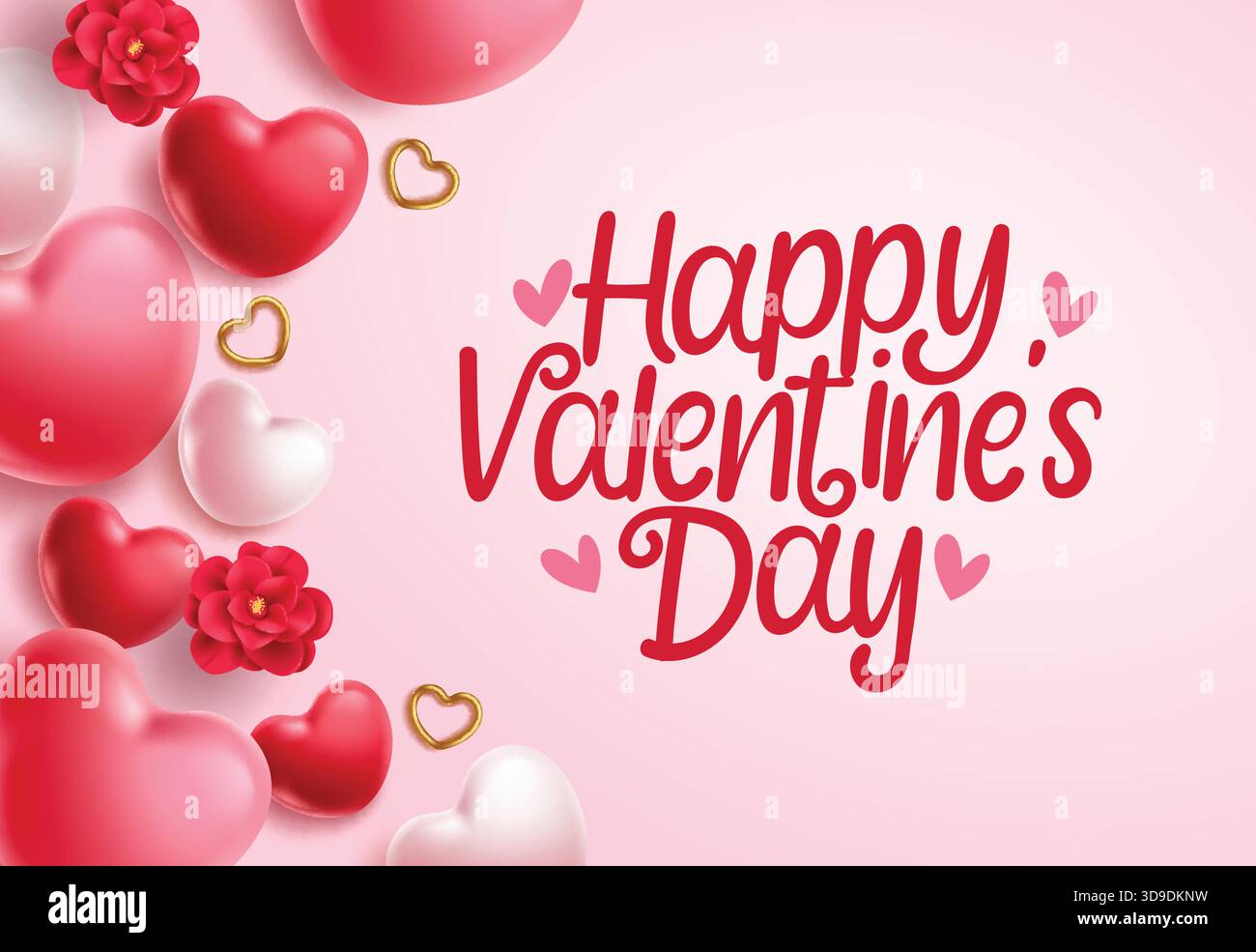 Modèle clipart de carte de voeux de bonne Saint-Valentin. Bonne Saint Valentin typographie et clip art texte avec des ballons en forme de coeur rose et camélia Illustration de Vecteur