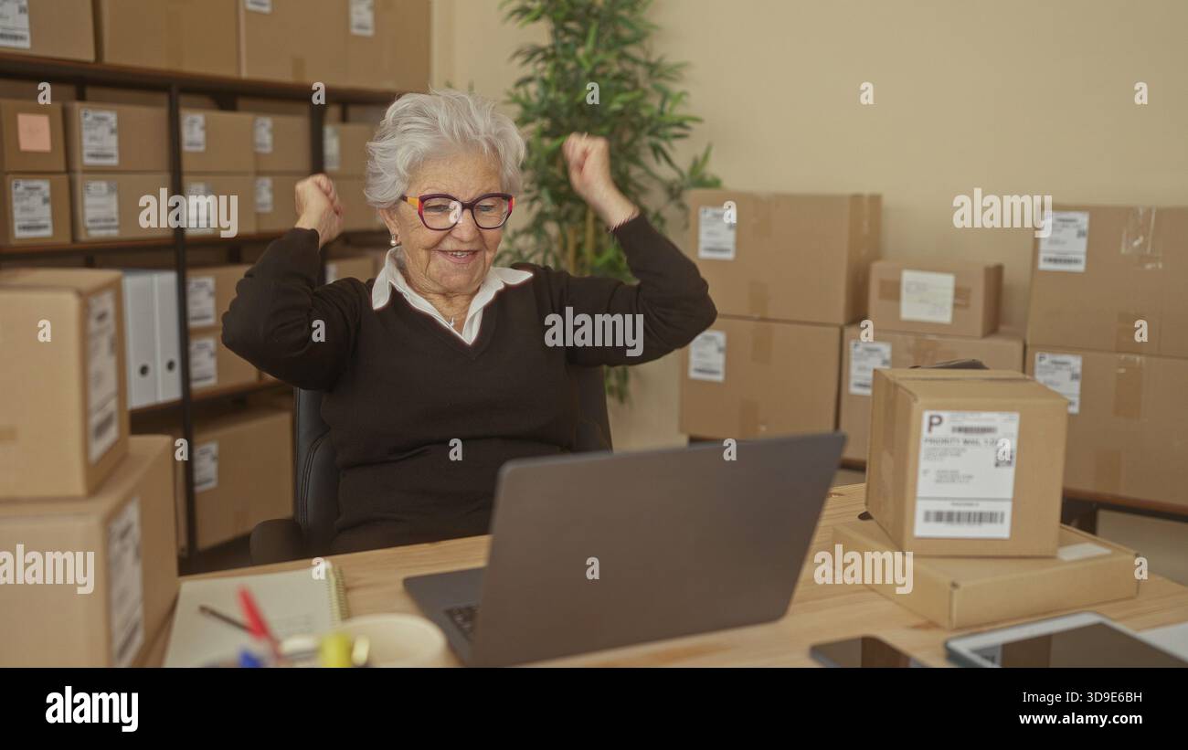 Femme âgée lève les poings à l'ordinateur portable au milieu des boîtes d'expédition empilées et des étiquettes sur les étagères d'un bâtiment ; fierté entrepreneuriale. Banque D'Images