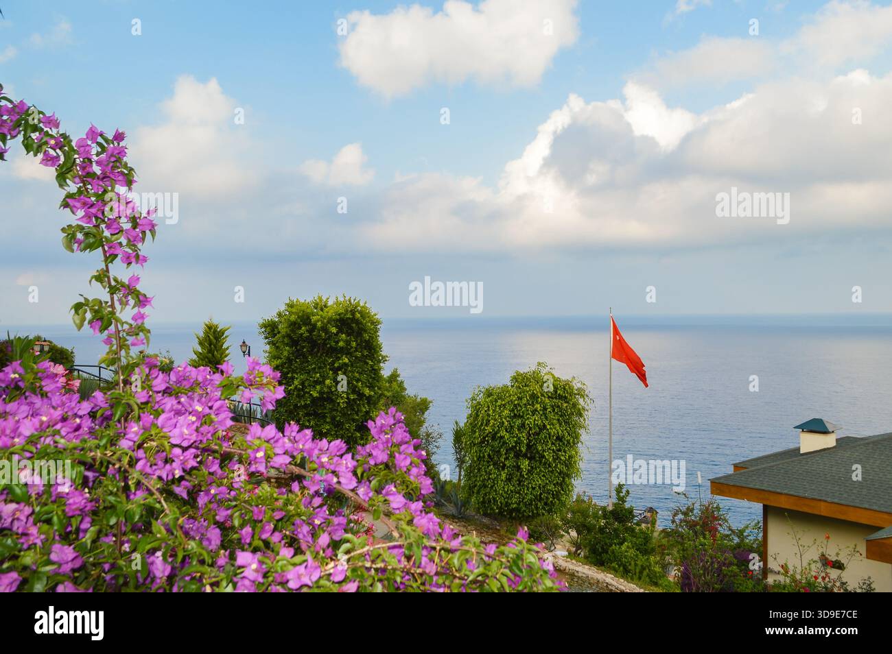 Drapeau turc rouge agitant contre la mer bleue et le ciel à Alanya, Turquie, avec des fleurs et des arbres verts au premier plan lors d'une journée d'été ensoleillée Banque D'Images