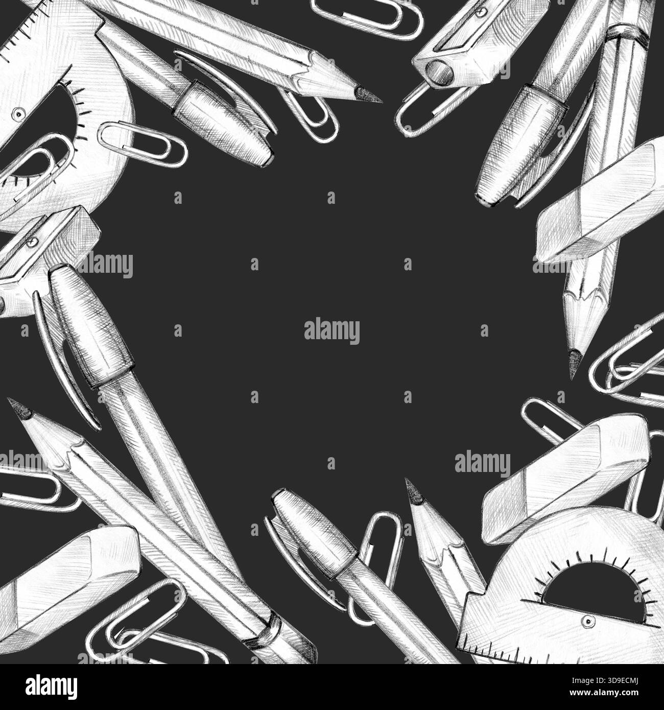 accessoires scolaires, fournitures, crayon, stylo, gomme, rapporteur, outils de mesure, trombone, cadre carré, croquis au crayon dessiné à la main du thème de l'éducation Banque D'Images