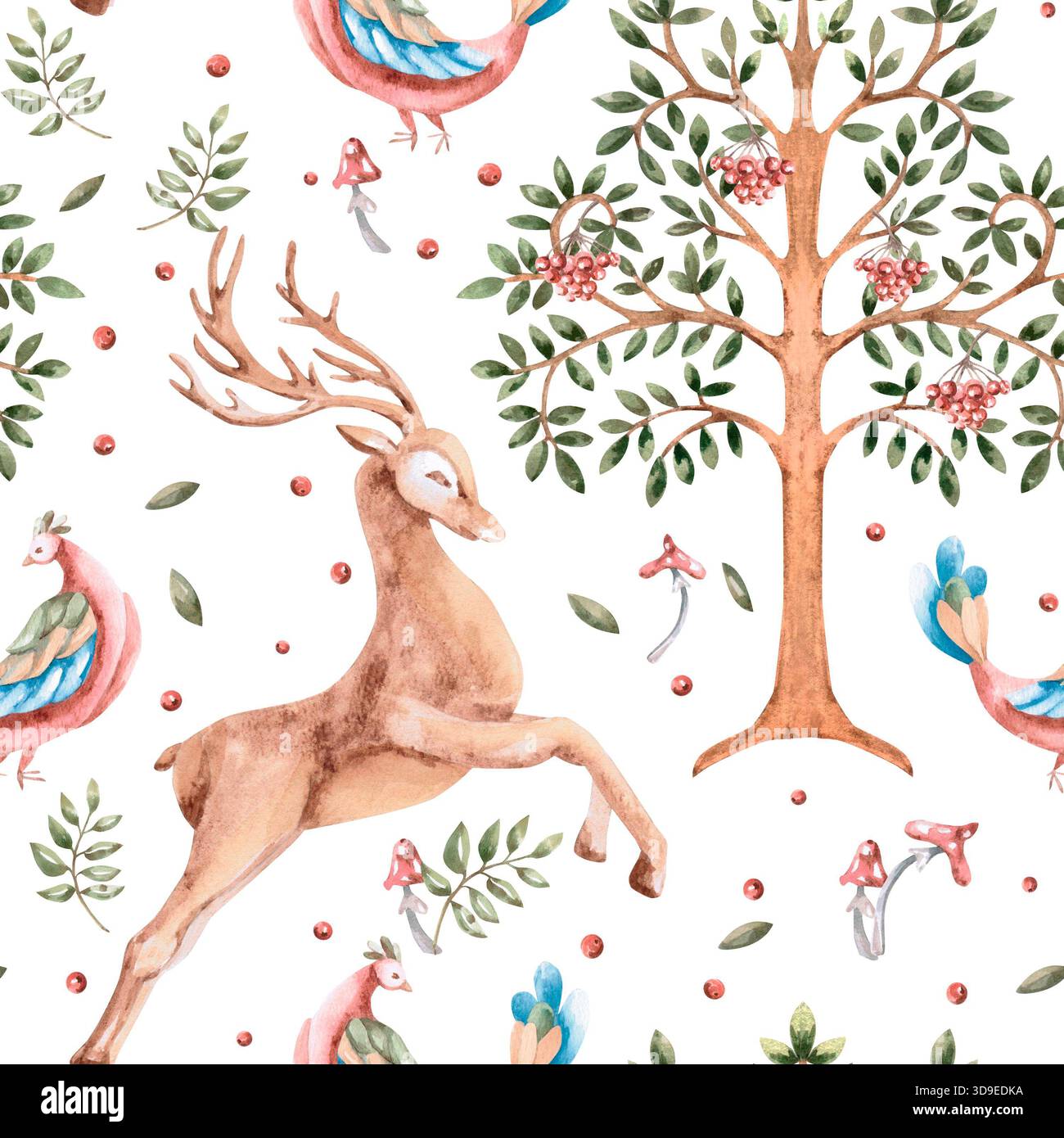 Un motif sans couture avec un cerf courant, des arbres et des oiseaux stylisés. Une fabuleuse illustration aquarelle pour le design d'intérieur, les vêtements et le tissu printin Banque D'Images