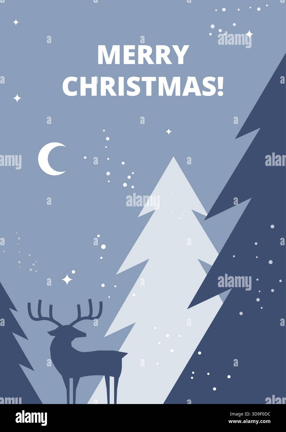 Illustration vectorielle d'une scène de forêt nocturne hivernale enneigée avec un cerf et un croissant de lune avec le texte de 'Joyeux Noël' Illustration de Vecteur
