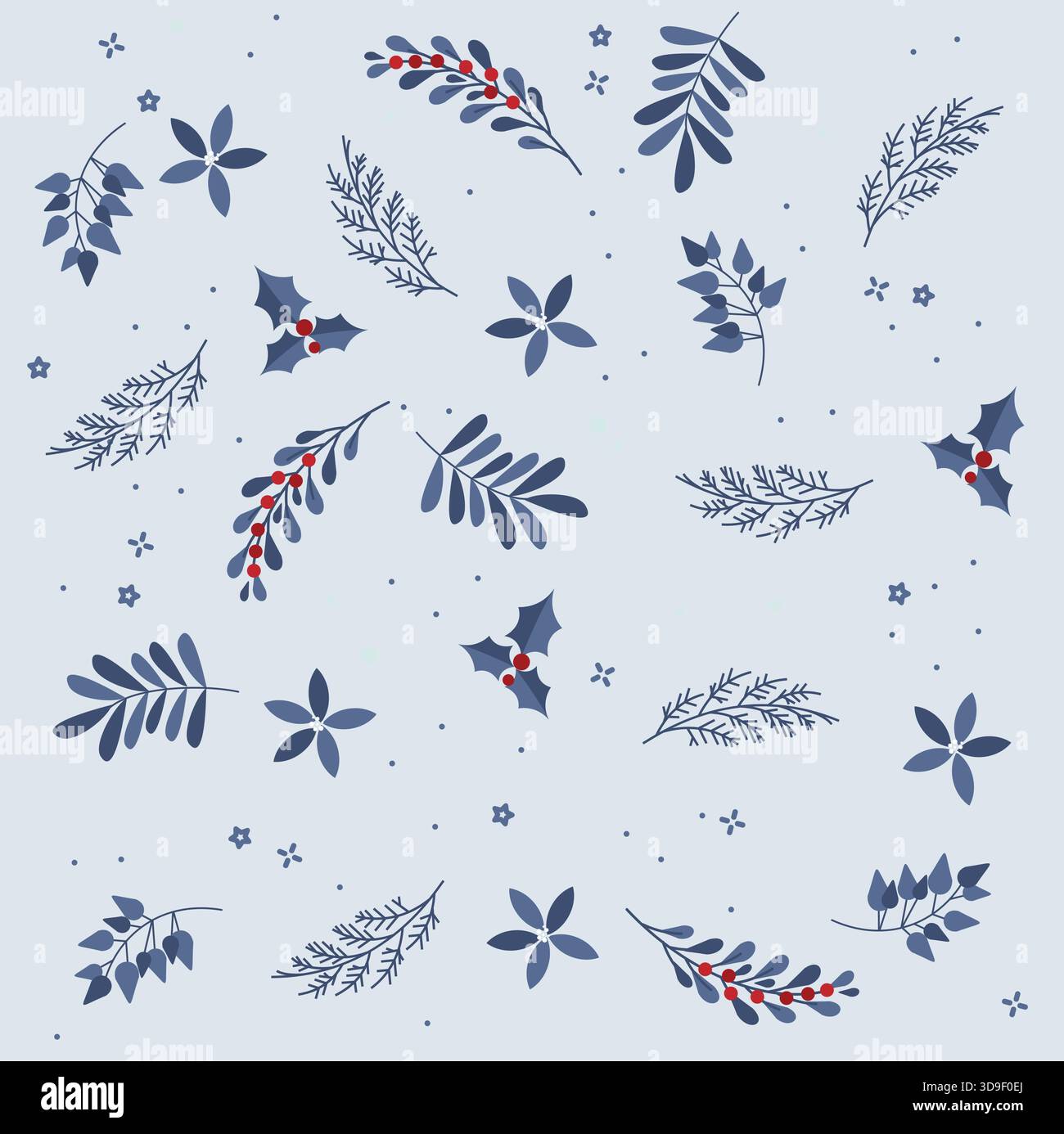 Motif vectoriel sans couture inspiré de la nuit de Noël, dans les couleurs bleues et rouges. Joyeux Noël et décoration de vacances d'hiver avec branches d'arbre stylisées Illustration de Vecteur