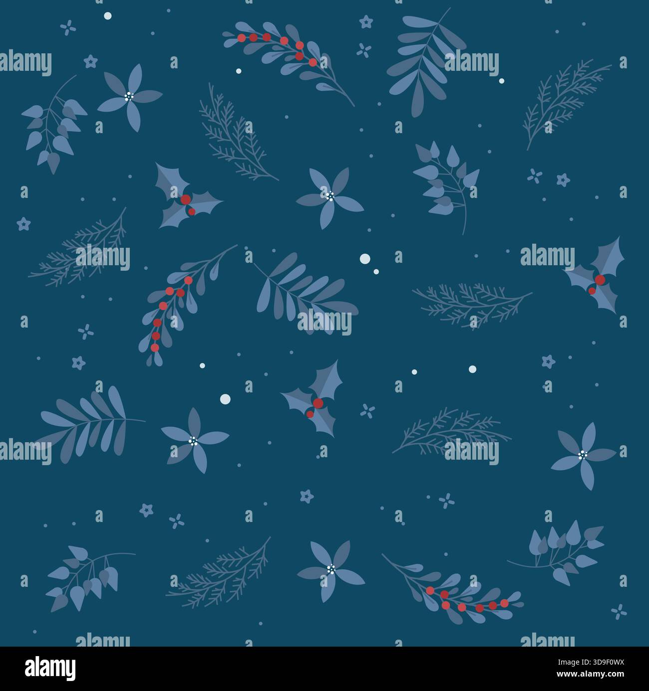 Motif vectoriel sans couture inspiré de la nuit de Noël, dans les couleurs bleues et rouges. Joyeux Noël et décoration de vacances d'hiver avec branches d'arbre stylisées Illustration de Vecteur