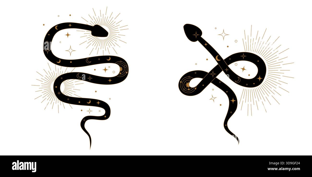 Collection abstraite de serpents Kundalini stylisés enroulés en harmonie avec des formes géométriques sacrées. Conception spirituelle symbolisant l'énergie cosmique d'éveil Illustration de Vecteur