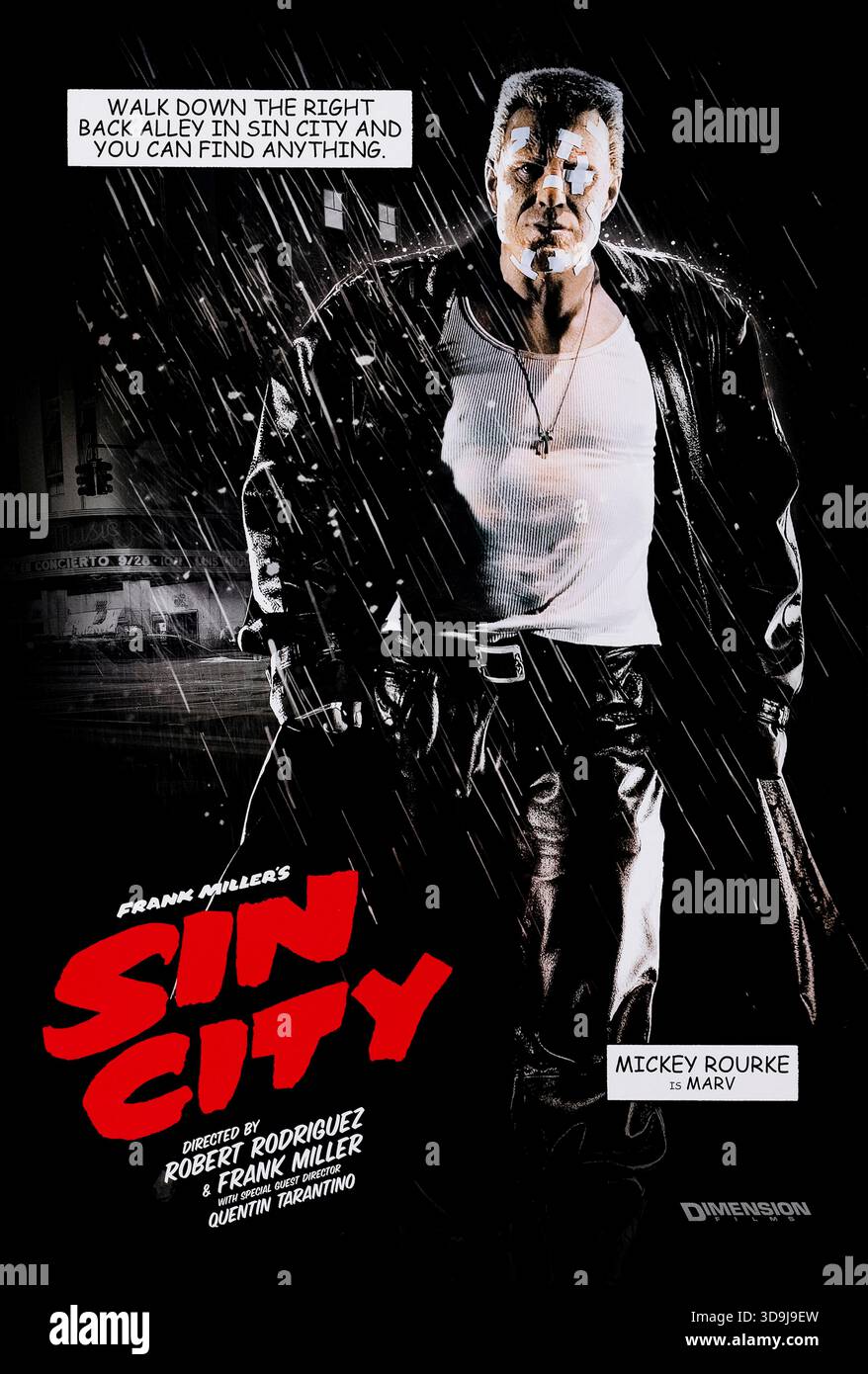 Sin City (2005) réalisé par Robert Rodriguez, Frank Miller et Quentin Tarantino et mettant en vedette Mickey Rourke dans le rôle de Marv, une brute cicatricielle qui sévit à travers Basin City dans une violente quête pour venger le meurtre de la seule femme qui lui ait jamais montré de la gentillesse. Photographie d'une affiche originale de 2005 personnages américains À USAGE ÉDITORIAL EXCLUSIF. Crédit : BFA / dimension films Banque D'Images