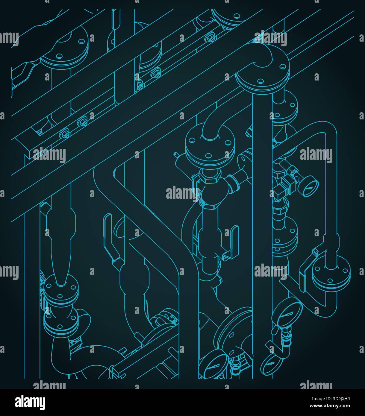 Illustration vectorielle stylisée des vannes de tuyaux industriels et du plan isométrique de manomètre Illustration de Vecteur