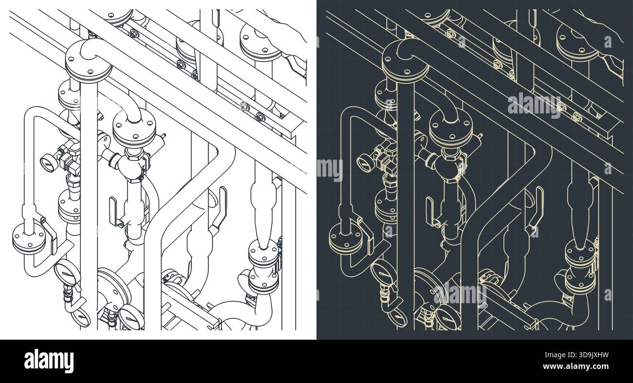 Illustrations vectorielles stylisées de vannes de tuyaux industriels et dessins isométriques de manomètre Illustration de Vecteur