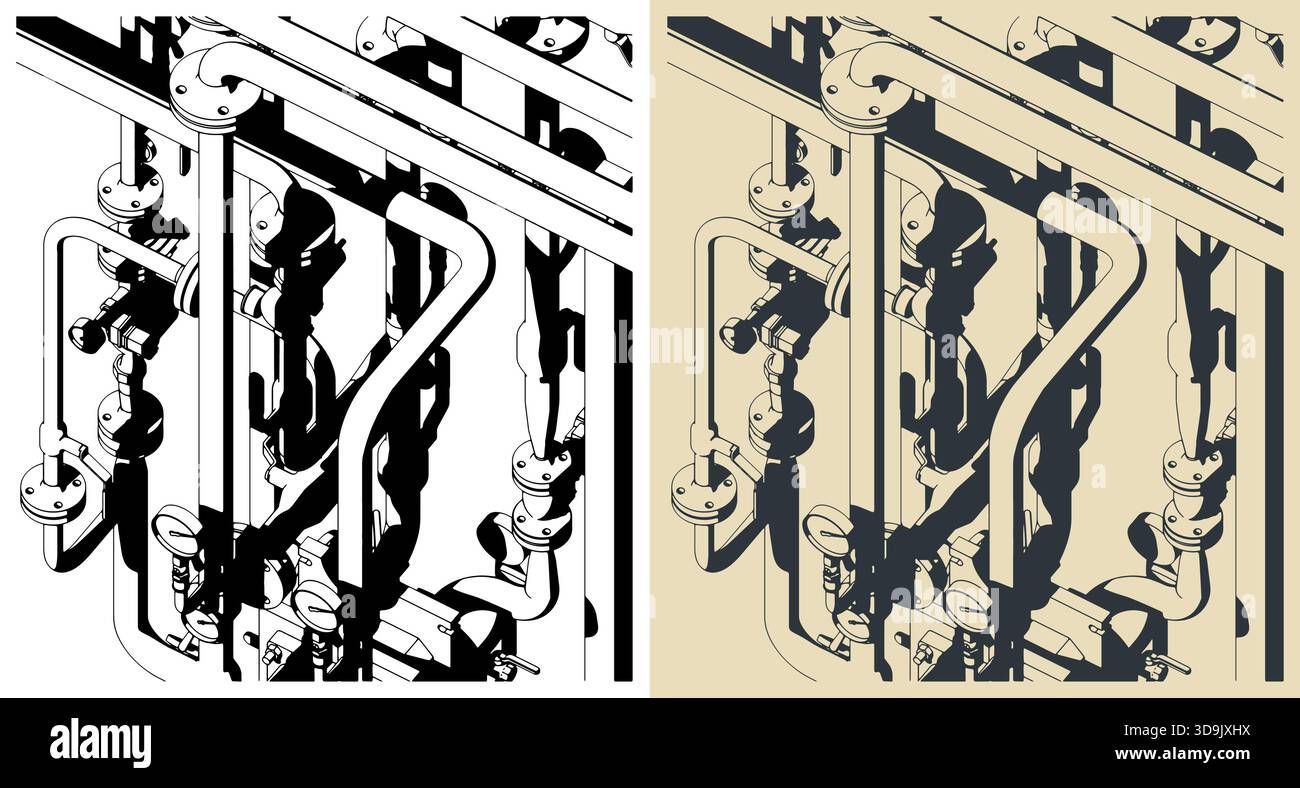 Illustrations vectorielles stylisées de vannes de tuyaux industriels et de manomètre Illustration de Vecteur
