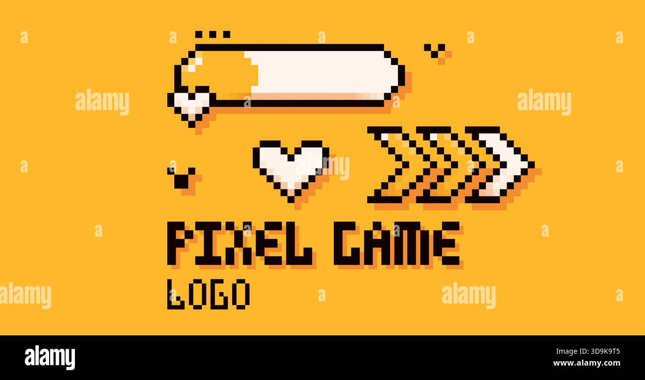 Pixel jaune barre de chargement, flèche, logo, coeur. Illustration de Vecteur