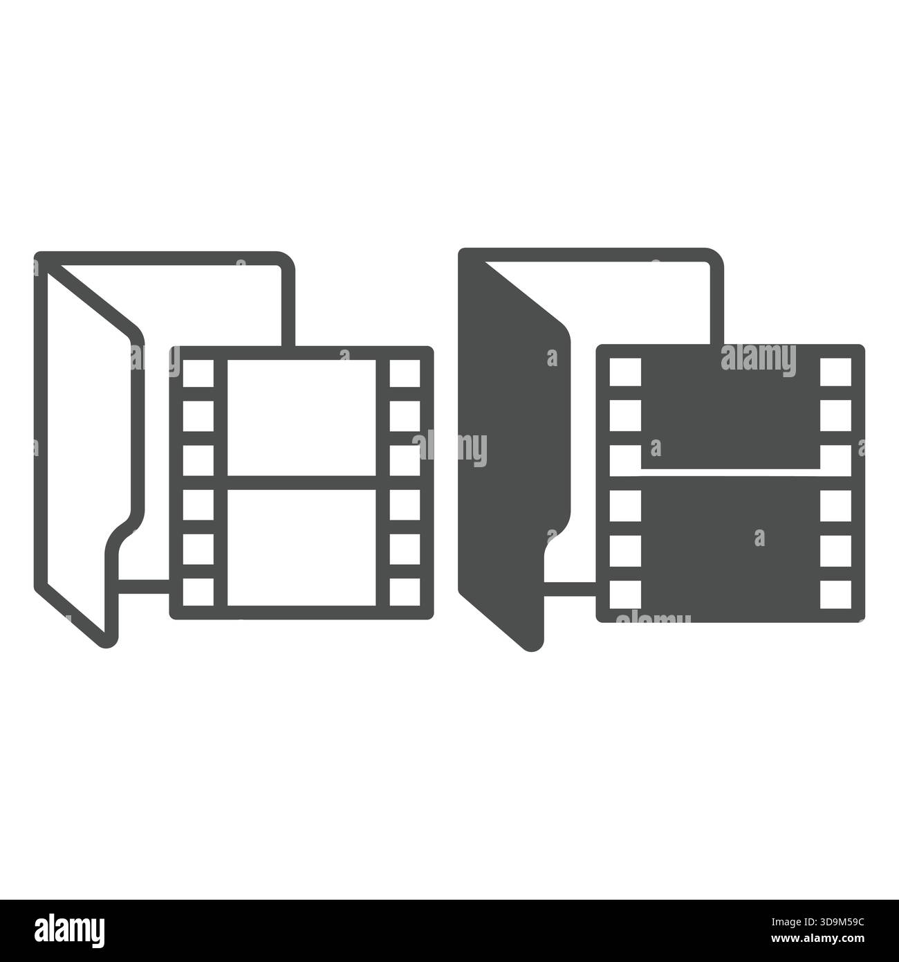 Ligne de dossier vidéo et icône solide, concept de pack Windows. Graphiques vectoriels. Dossier avec fichiers vidéo, cadres vidéo, signe multimédia sur fond blanc, o Illustration de Vecteur