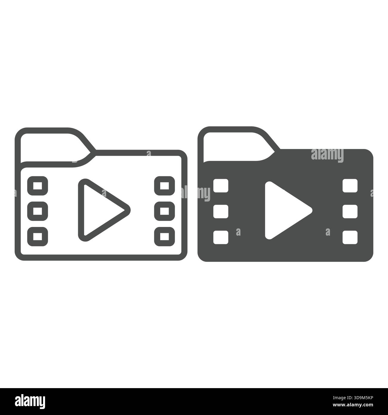Ligne de dossier vidéo et icône solide, concept de pack Windows. Graphiques vectoriels. Dossier avec des fichiers vidéo, bouton de lecture de cadre, signe multimédia sur backgrou blanc Illustration de Vecteur