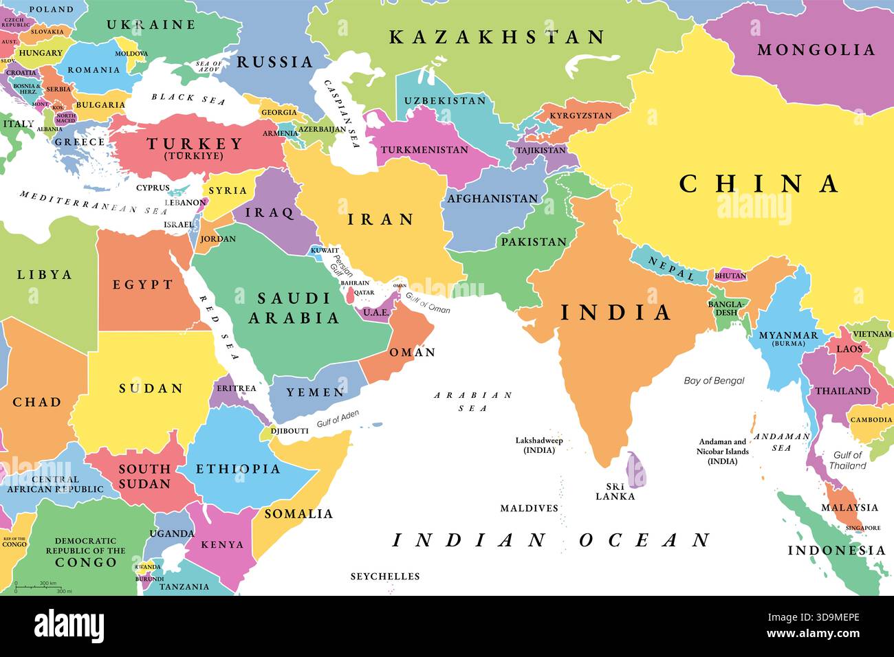 Asie de l'Ouest et Asie du Sud, carte politique multicolore avec les pays et les frontières internationales. Banque D'Images