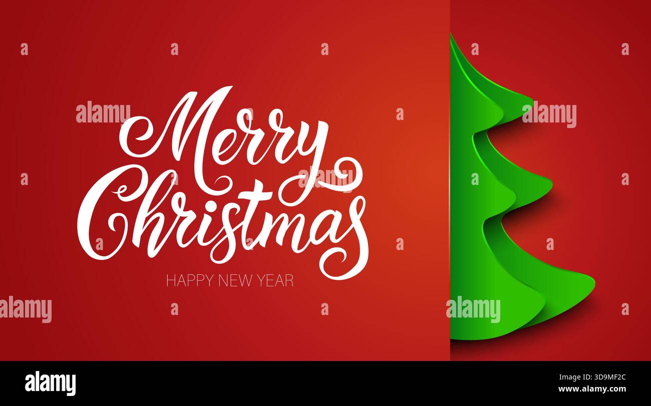 Carte de voeux festive Joyeux Noël et bonne année avec un sapin de Noël moderne de style coupé en papier. Illustration vectorielle Illustration de Vecteur