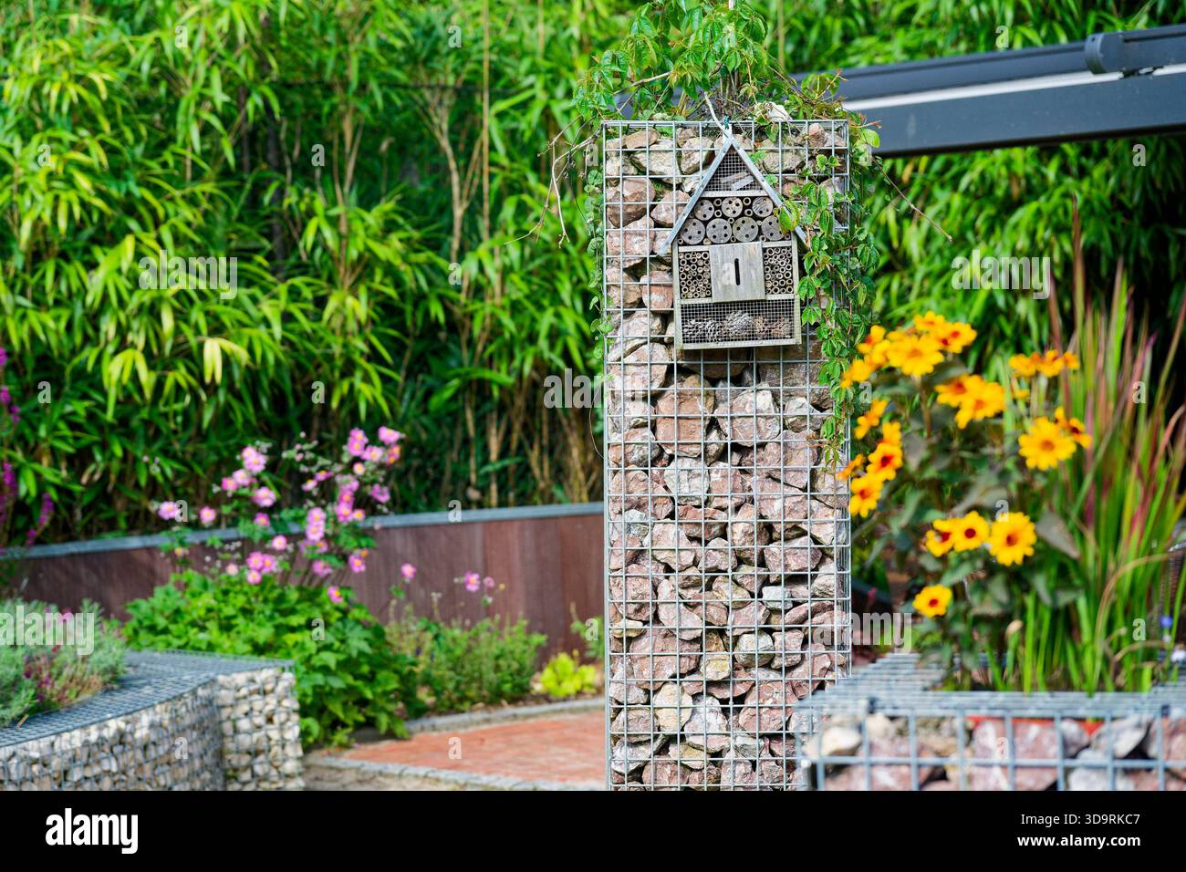 Un grand cadre en métal tient une maison d'insectes en bois remplie de bâtons et de bûches à côté d'un lit de fleurs de gabion avec des pierres et des fleurs colorées près de bamb luxuriant Banque D'Images