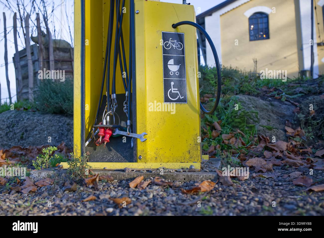 Une station de réparation de vélo jaune avec des outils attachés, situé à l'extérieur parmi les feuilles mortes. La station comporte des icônes pour les vélos, les poussettes et l'accès Banque D'Images