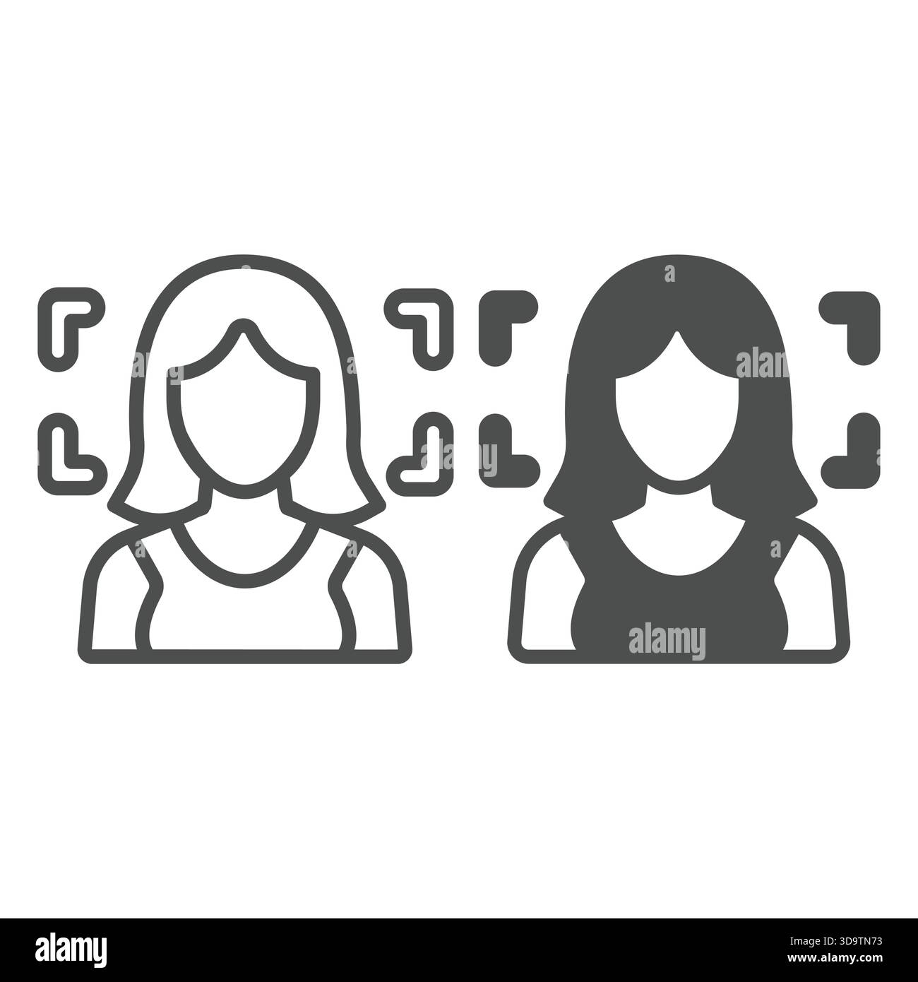 Ligne d'identité de femme assistante et icône solide, concept de réseau neuronal. Graphiques vectoriels. Programme de reconnaissance faciale de personne, panneau de formation sur fond blanc Illustration de Vecteur