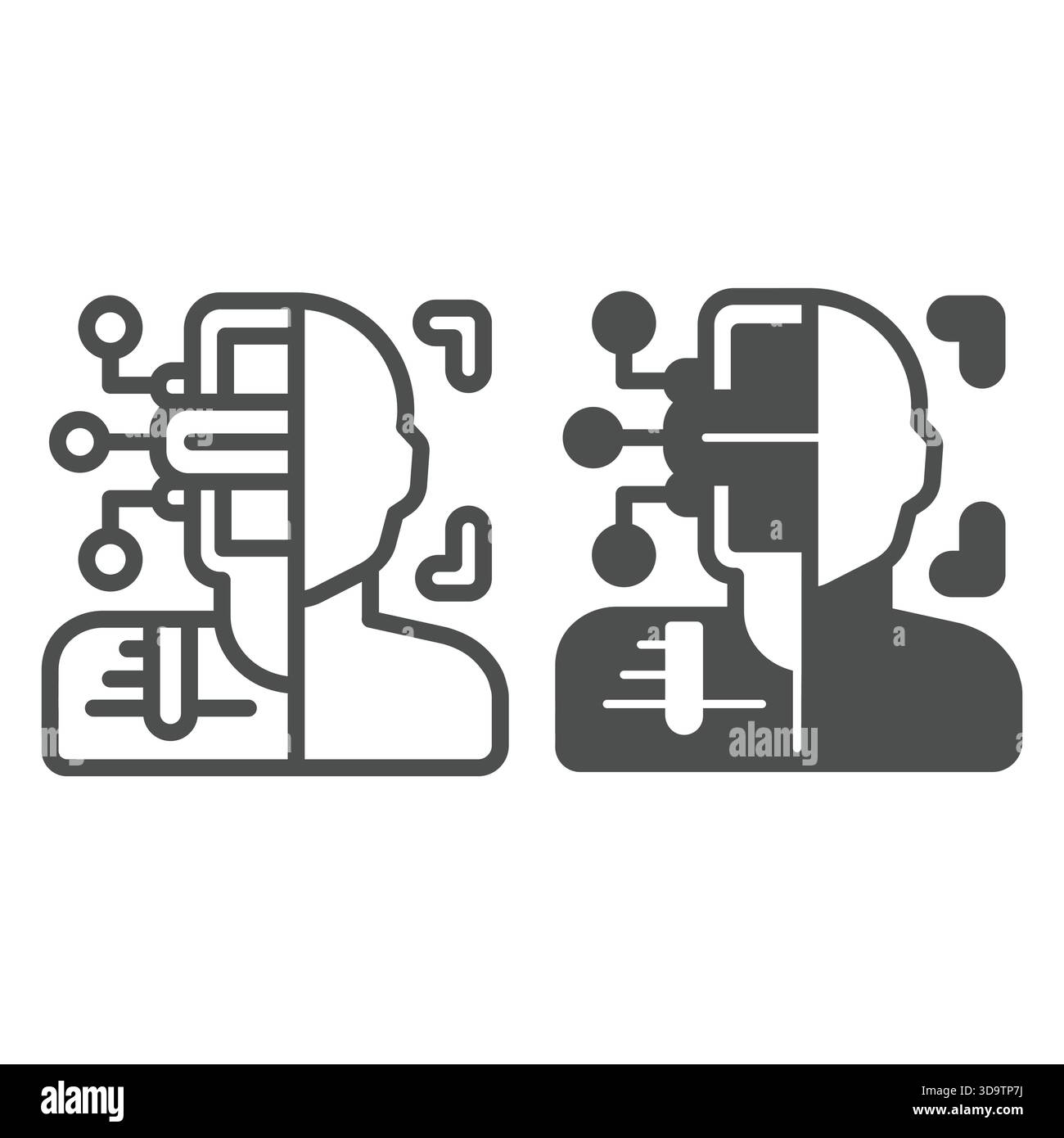 Ligne de reconnaissance de robot ou de personne et icône solide, concept de réseau neuronal. Graphiques vectoriels. Signe d'identité d'assistant virtuel sur fond blanc, contour Illustration de Vecteur