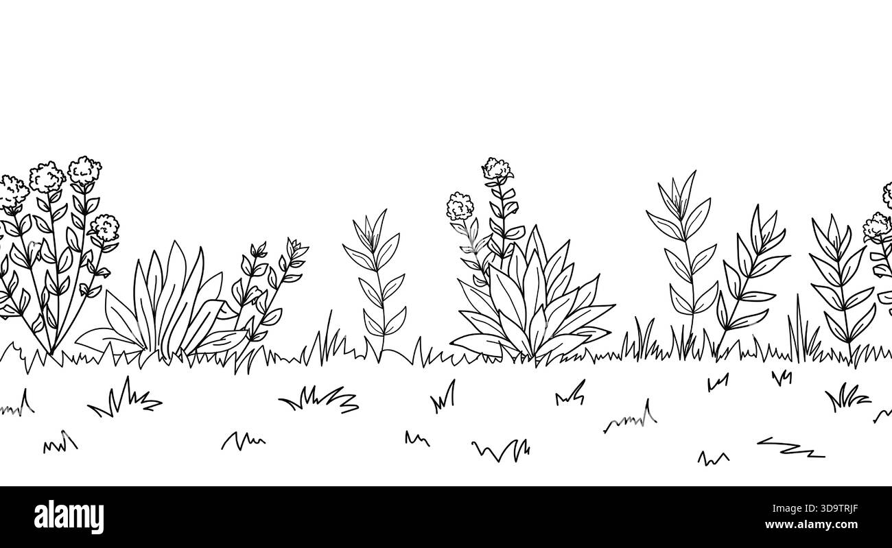 Fleurs et buissons avec des feuilles, verdure luxuriante sur un champ d'herbe de printemps, croquis. Illustration vectorielle. Panorama de la scène de la nature avec prairie, parc sur Illustration de Vecteur