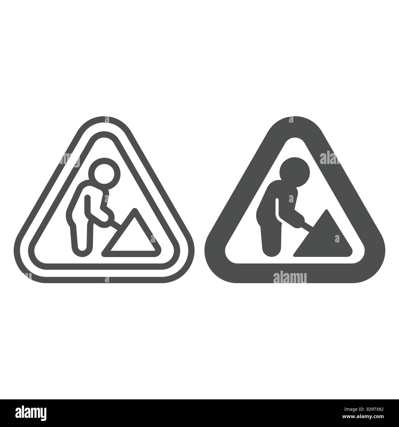 Triangle de circulation avec l'homme et la ligne de pelle et icône solide, rendant le concept de route. Graphiques vectoriels. Travaux de réparation de route, panneau de construction sur fond blanc Illustration de Vecteur