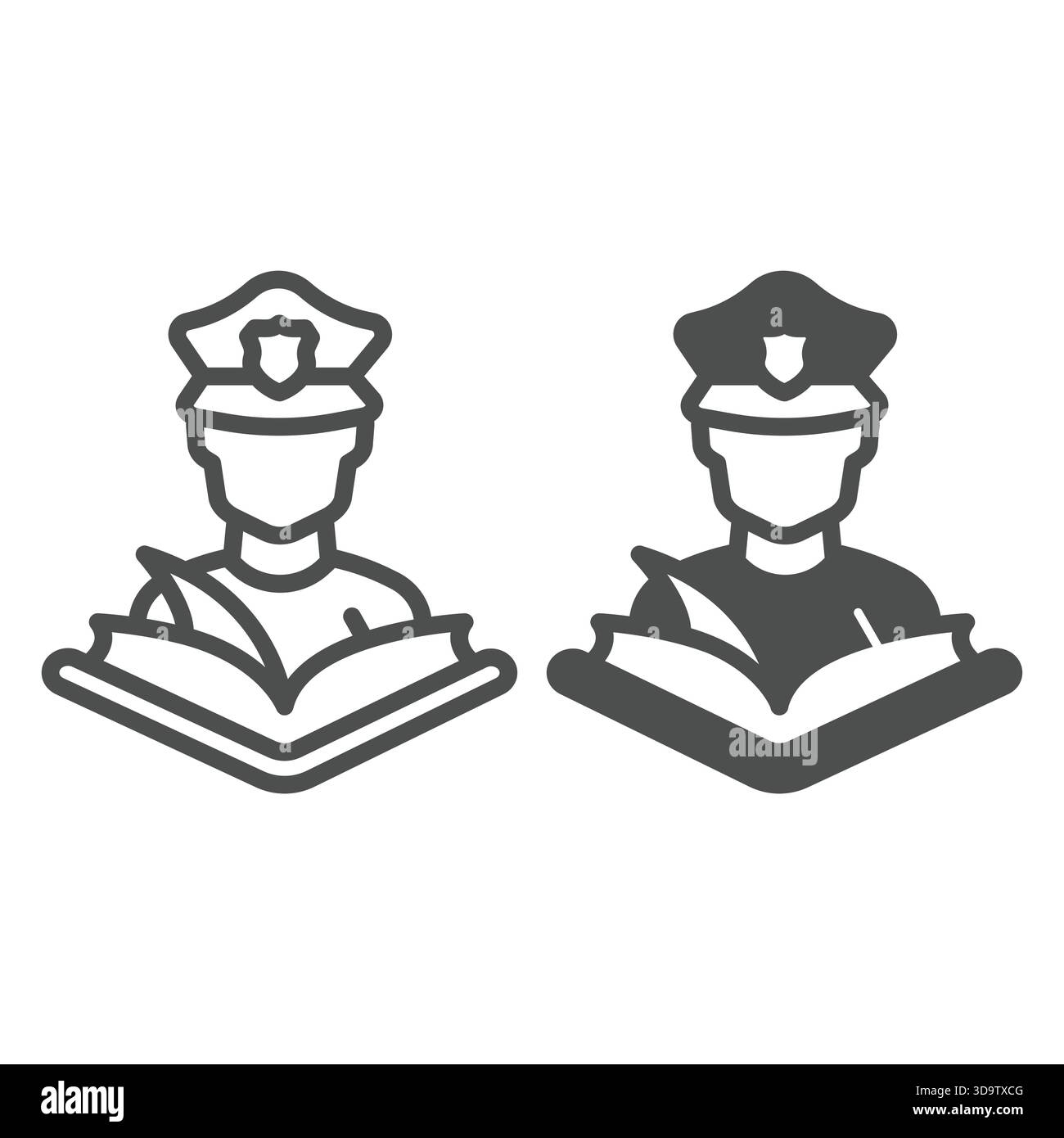 Agent de police avec la ligne de livre de lois et icône solide, concept d'avocat de la famille. Graphiques vectoriels. Policier avec signe de manuel des droits de l'homme sur backgrou blanc Illustration de Vecteur