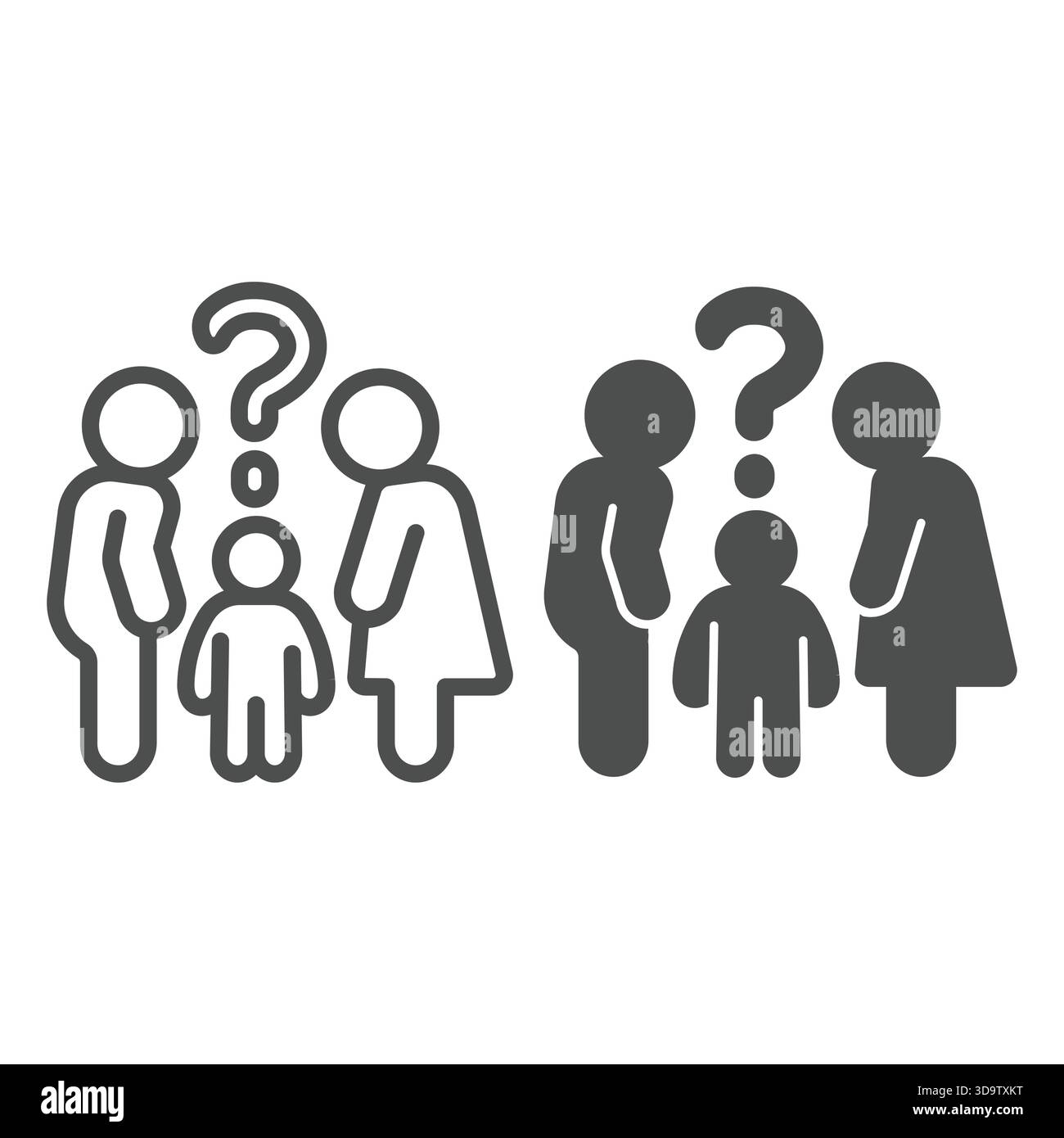 Question enfant pour les parents ligne et icône solide, concept d'avocat de la famille. Graphiques vectoriels. Homme avec femme et enfant signe de problème de confiance sur backgroun blanc Illustration de Vecteur