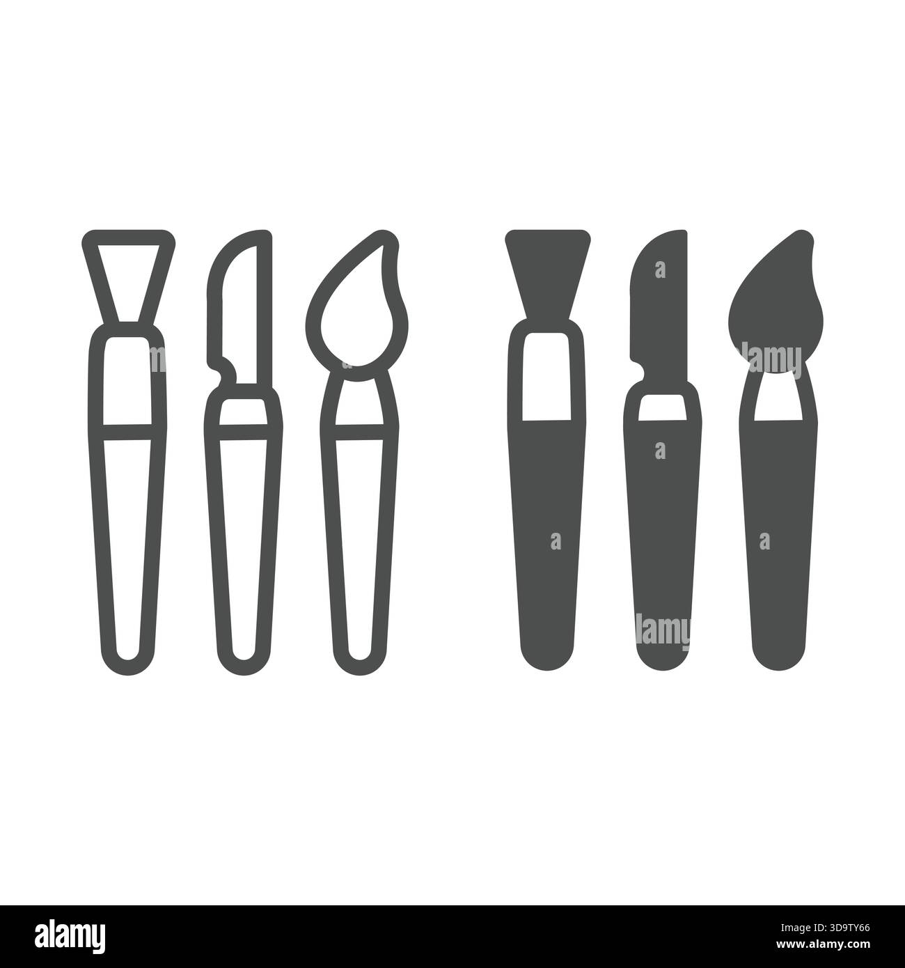 Scoop outil et pinceaux ligne et icône solide, concept de fabrication de poterie. Graphiques vectoriels. Ensemble d'outils pour travailler avec le signe d'argile sur fond blanc, outl Illustration de Vecteur