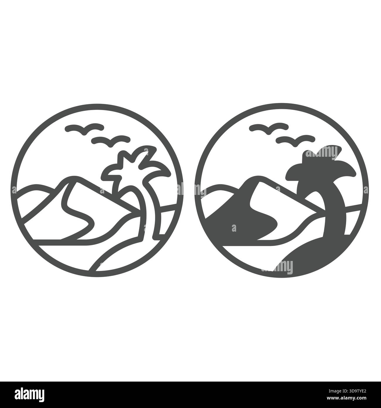 Désert avec palmier et ligne d'oiseaux du ciel et icône solide, concept de flore du désert. Graphiques vectoriels. Palmier en signe de désert de sable sur fond blanc, ou Illustration de Vecteur