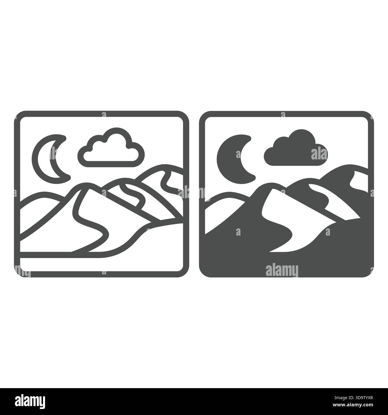 Ligne de paysage de nuit de désert de sable et icône solide, concept de désert arabe. Graphiques vectoriels. Image de désert avec lune et signe de nuage de ciel sur backgr blanc Illustration de Vecteur